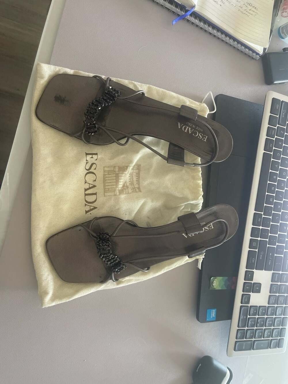 Escada Beaded Strappy Square Toe Sandals Bronze Made in Italy
